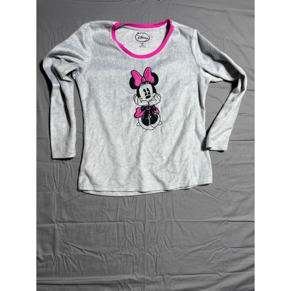 Disney Pajama Top Girls Size M 8-10 Gray Good Minnie Mouse Fleece Long Sleeve